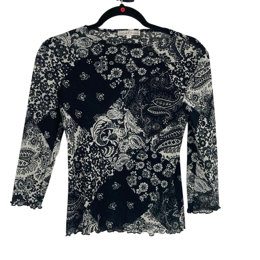 Y2K 90s Moa Moa Sheer Floral Mesh Top Whimsigoth Floral Black White Small